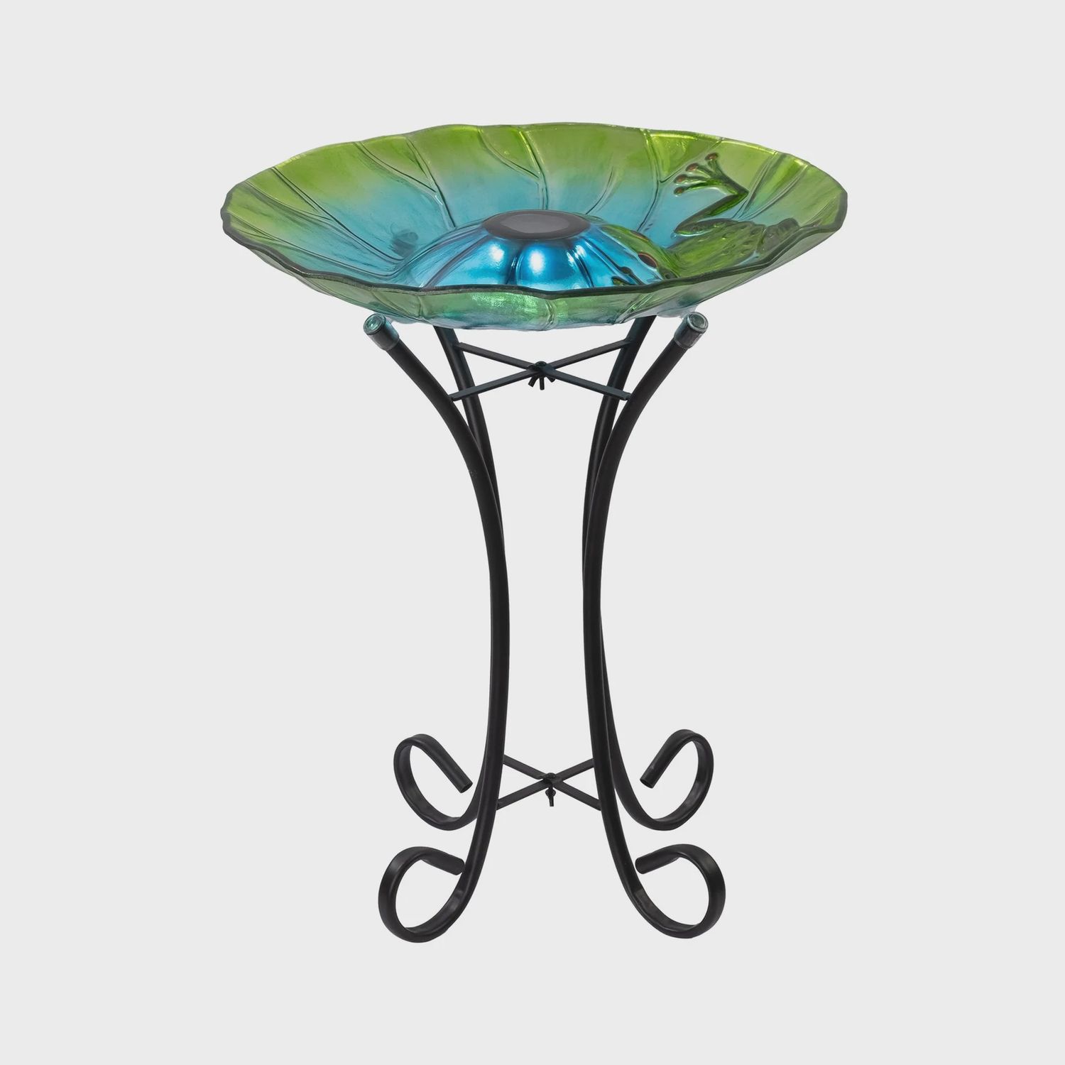 78415-V - SOLAR VERDANT GLASS BIRD BATH WITH STAND - FROG / 21" H