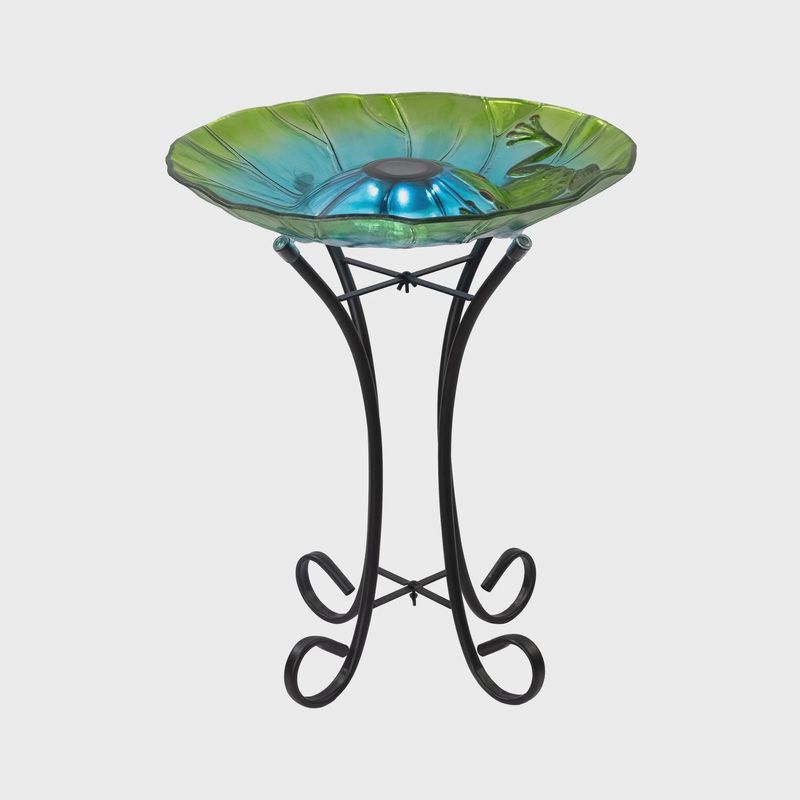 78415-V - SOLAR VERDANT GLASS BIRD BATH WITH STAND - FROG / 21" H
