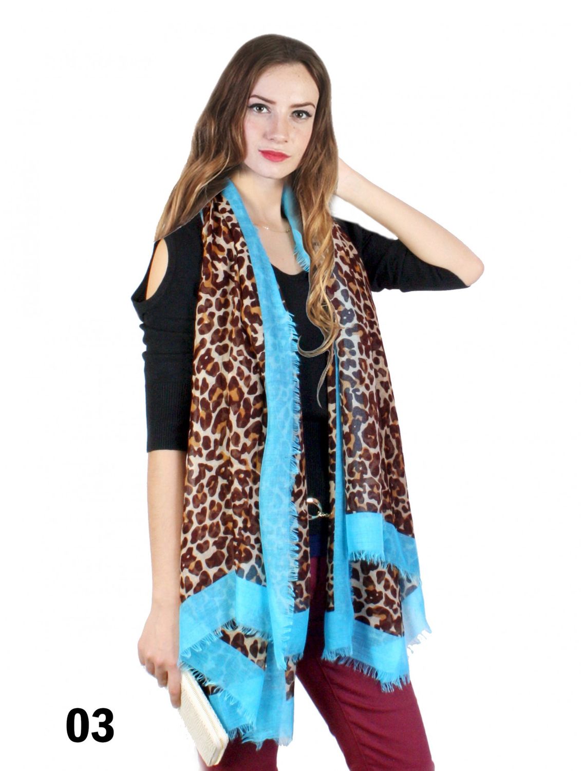 SF1021-03 - LINEN SCARF - LEOPARD PRINT W/ TEAL COLOURED FRINGE EDGE