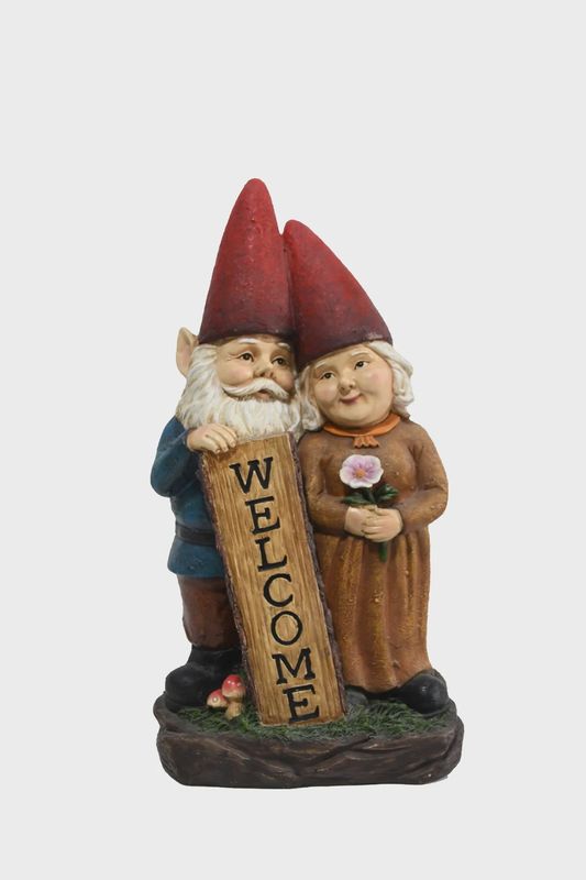 75575-B - ROBERT + SOFIA STANDING GNOMES WITH WELCOME SIGN / 21.26" H