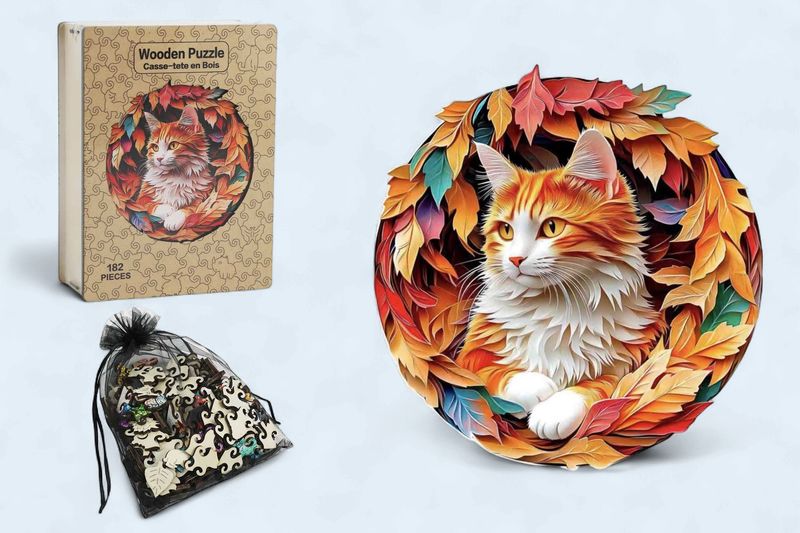 MES27 - WOODEN PUZZLE - AUTUMN CAT - 182 PIECES