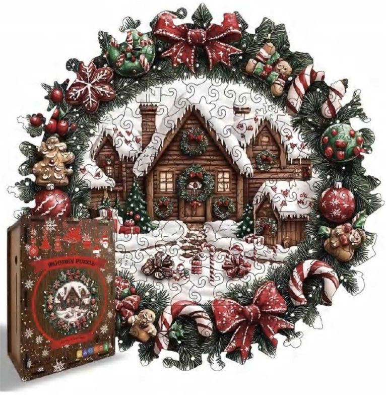 MES295 - WOODEN PUZZLE - CHRISTMAS WREATH/VILLAGE - 203 PIECES