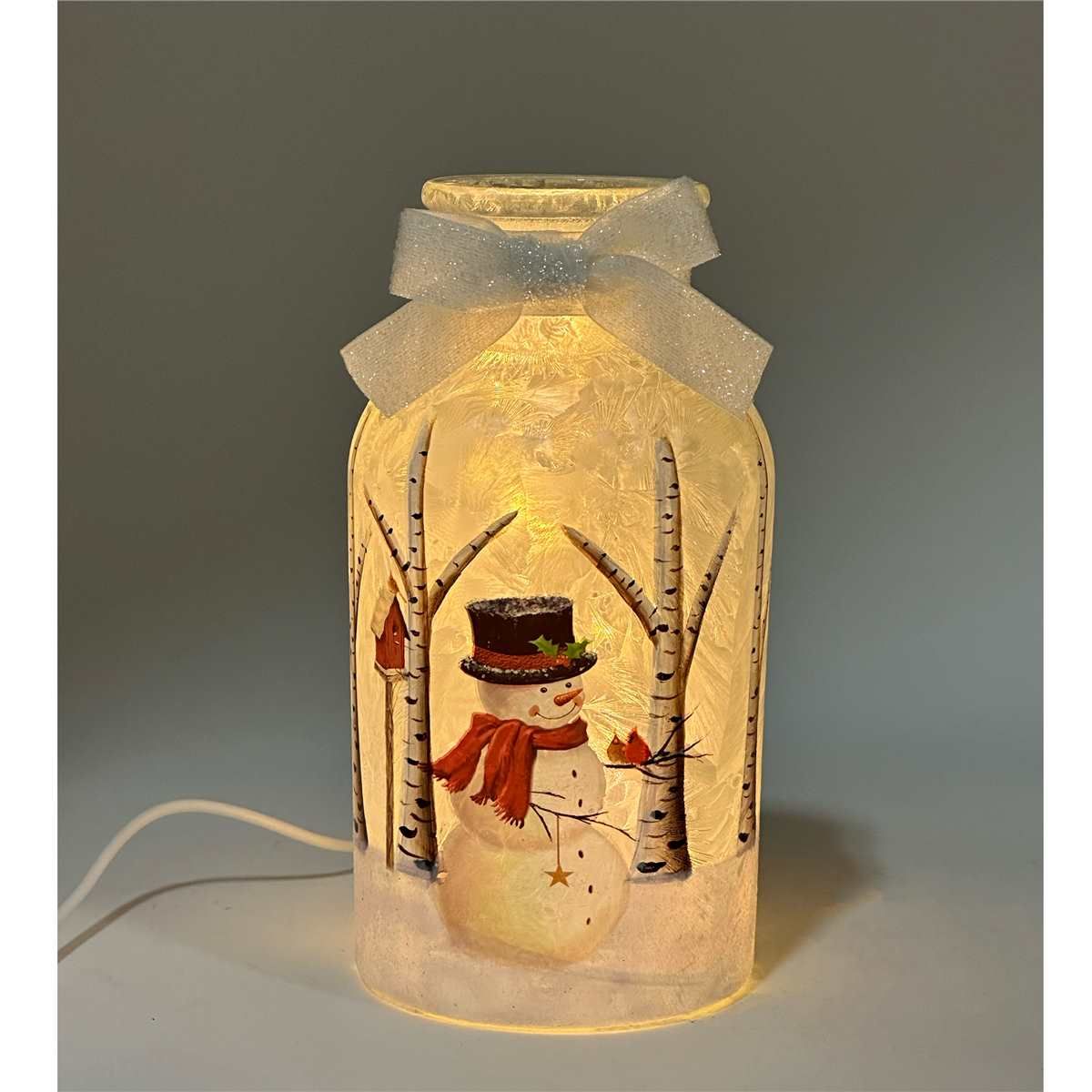 JIA55 - LIT GLASS JAR W/SNOWMAN, BOW