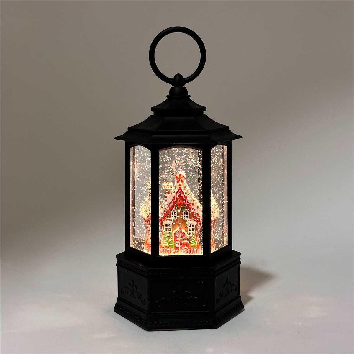 KDA1130 - ILLUMINATING SPINNING WATER GLITTER LANTERN - GINGERBREAD HOUSE
