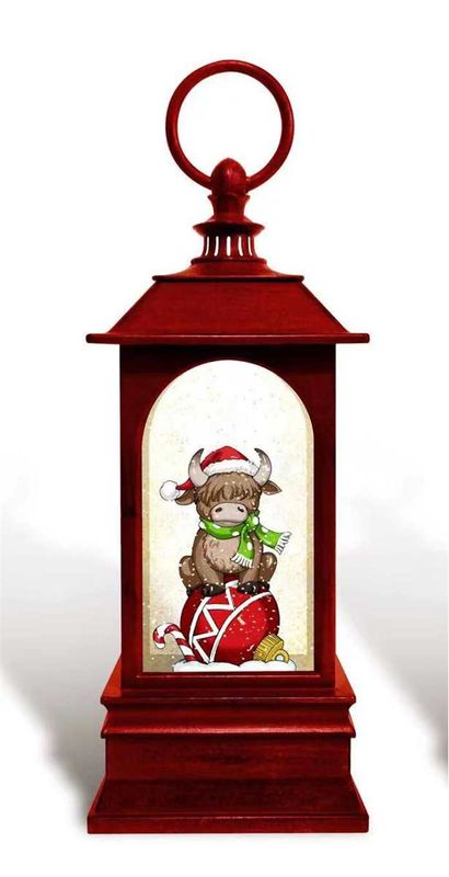 KDA702 - ILLUMINATING SPINNING WATER GLITTER LANTERN / HIGHLAND COW