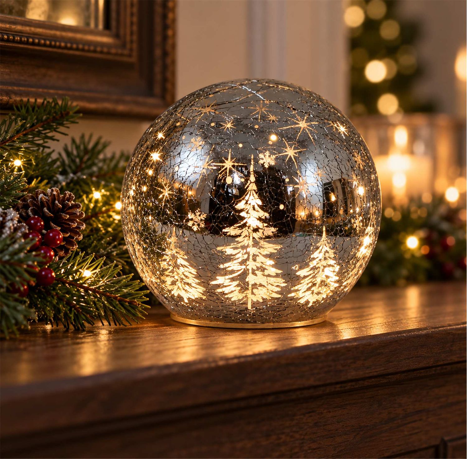 GLB522 - CRACKLE GLASS BALL W/LED TREES