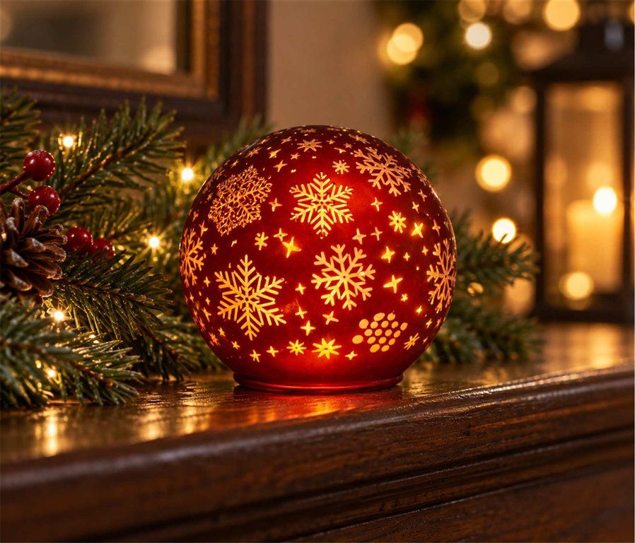 XNW30 - RED GLASS BALL W/LED SNOWFLAKES