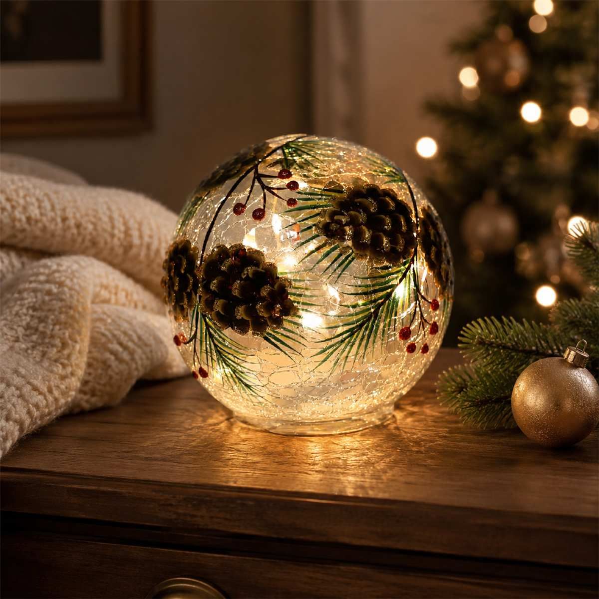 ZHS806 - CRACKLE GLASS BALL W/PINECONES