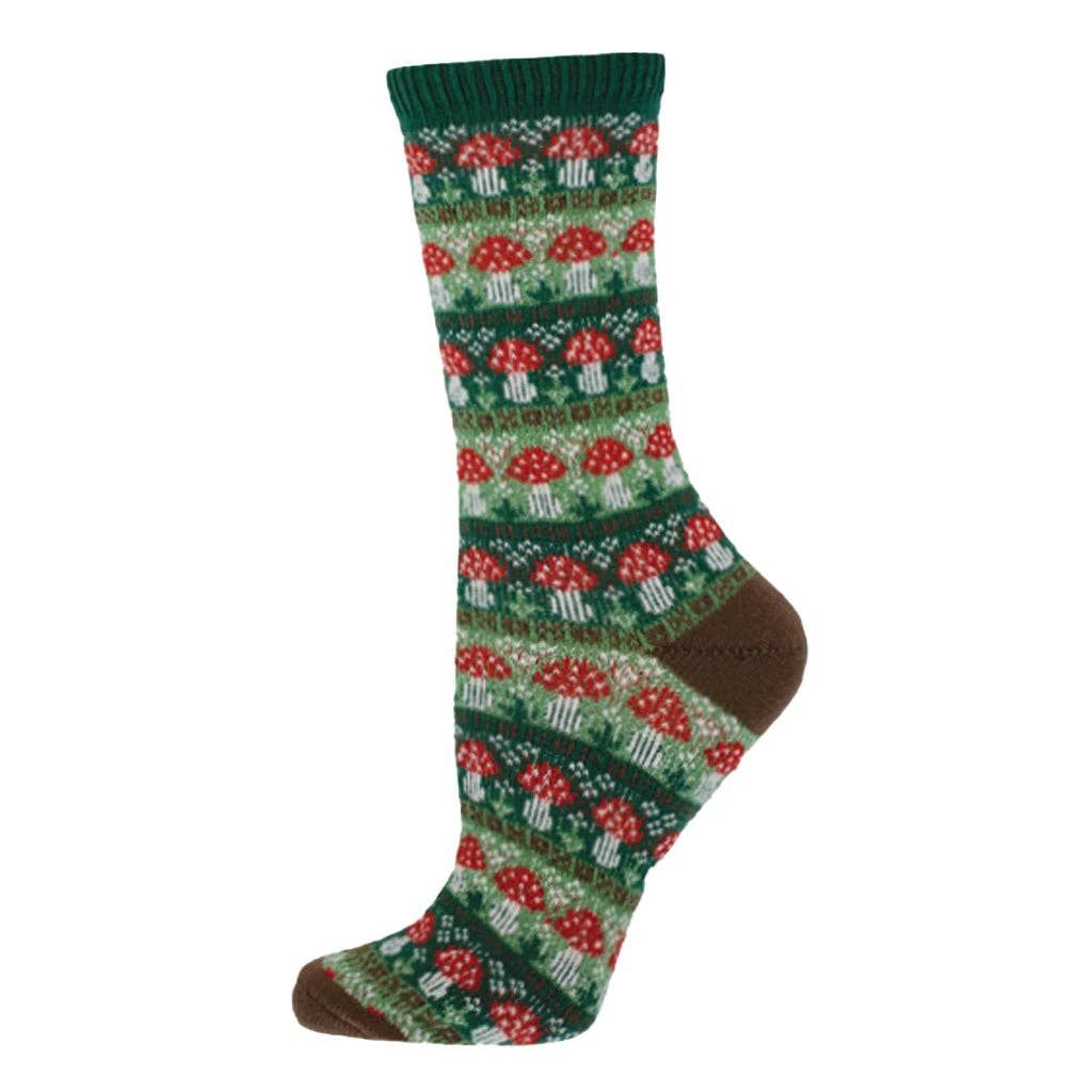 Ladies - Sweater Socks - In Line For Mushies: Green / 9-11 (Womens Shoe Size 5-10.5)