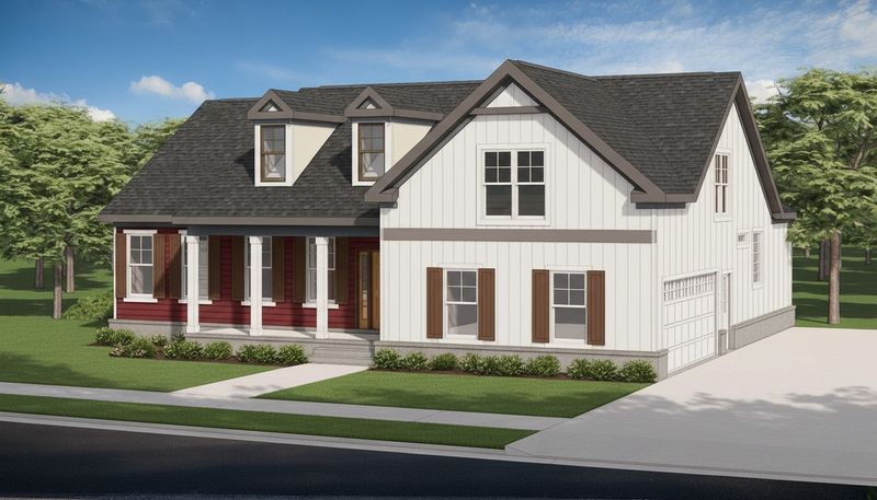 Front view of a red two story colonial house with white trim, dormer windows, porch, and driveway front yard.