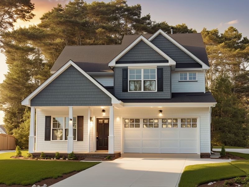 Front exterior of a modern two-story gray house with white trim, attached garage, porch lighting, and trees.