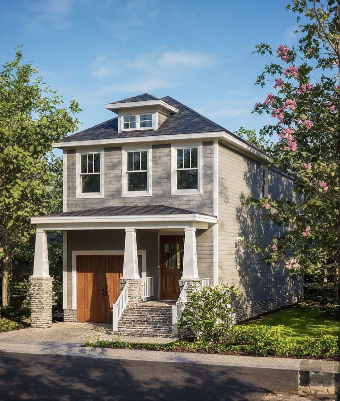 Front view of a two-story gray house with stone accents, white porch columns, wooden door, and mature trees.