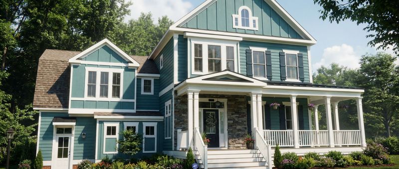 Front exterior view of a two-story blue house with white trim, covered porch, and gabled rooflines.