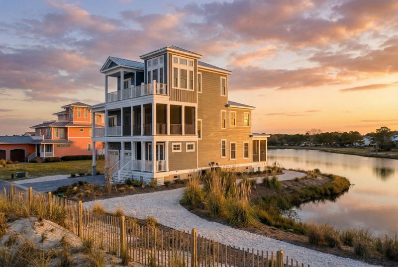 Exterior rendering of a three-story coastal home plan at sunset featuring stacked covered porches, metal roof accents.