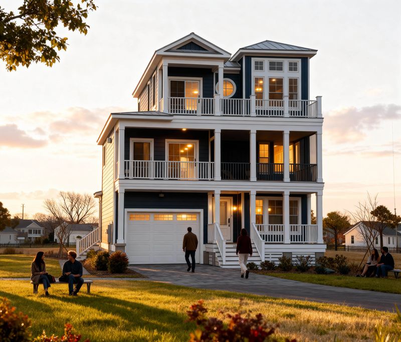 Exterior rendering of a three-story coastal home plan at sunset featuring stacked covered porches, metal roof accents.