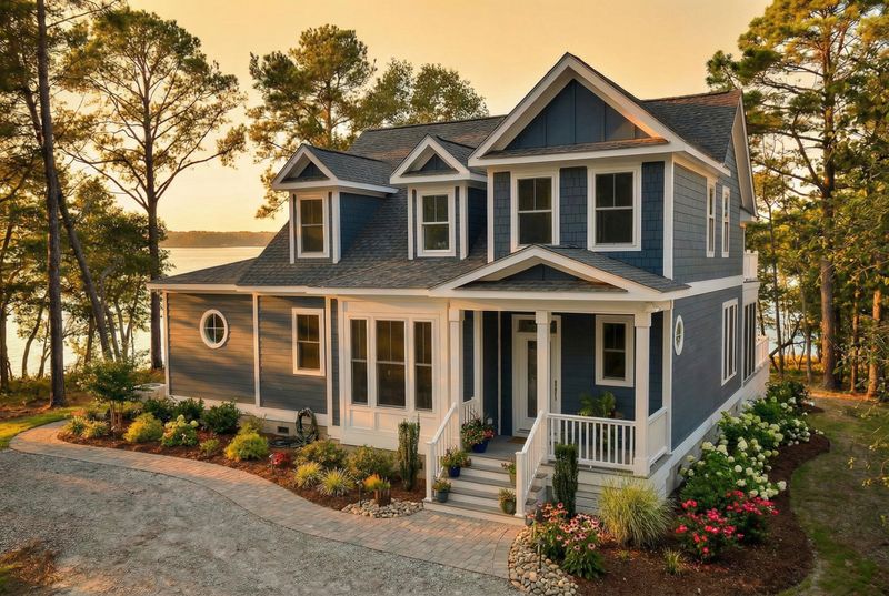 Exterior rendering of a two-story coastal home plan with deep blue siding, white trim, and a covered porch over front door.