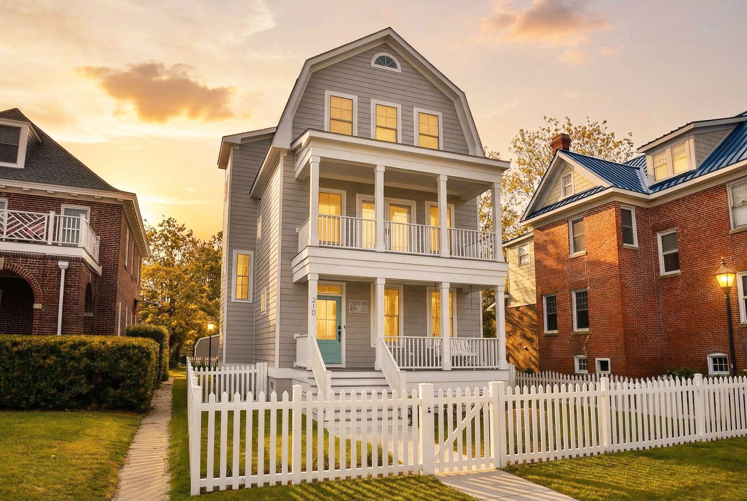 Exterior rendering of a narrow three-story plan with stacked front porches, vertical proportions, and white picket fencing.