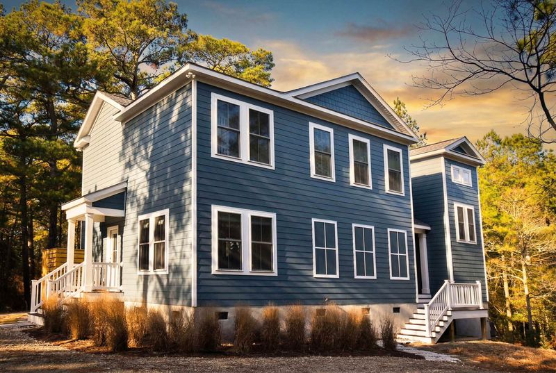 Rear exterior rendering of a two-story coastal-style home plan with blue siding, clean rooflines, and multiple windows.
