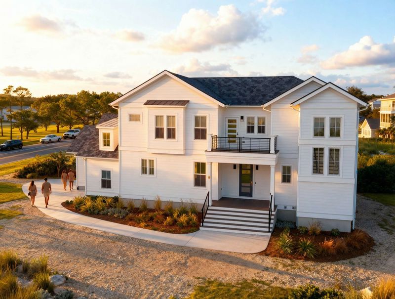 Front exterior of a modern white two-story house with black roof, balcony, front steps, and landscaped yard.