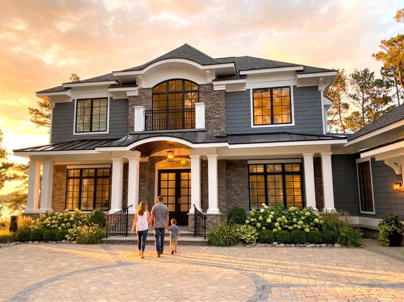 Exterior rendering of a luxury two-story home plan with stone accents, arched entry, covered porch, and symmetrical façade.