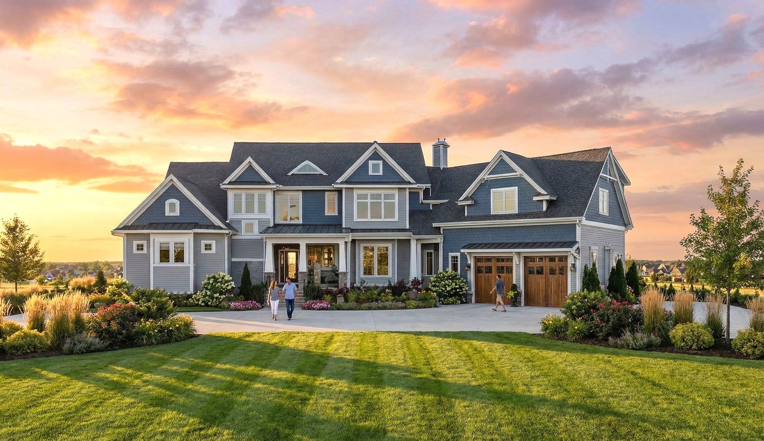 Front view of a large luxury estate home with expansive green lawn, symmetrical design, blue sky clouds wide.