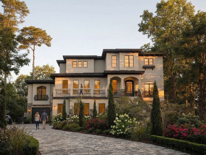 Front view of a large two-story house with arched entryway, light exterior, tall trees, and grassy lawn.