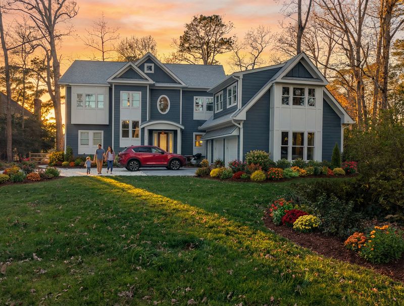 Front view of a large gray two story house with attached garage, driveway, red SUV, and tall trees around.