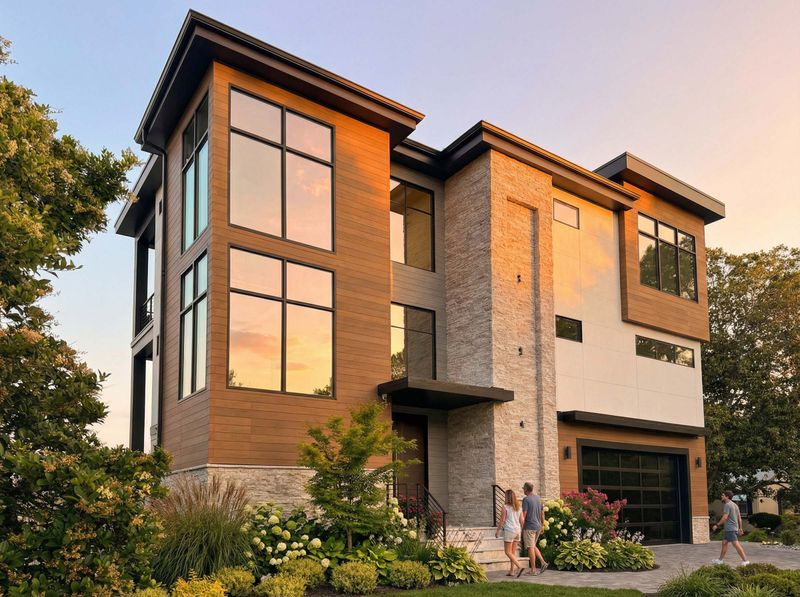 Back of a modern three story house with white and brown siding, balconies, landscaped garden, sunny blue sky.