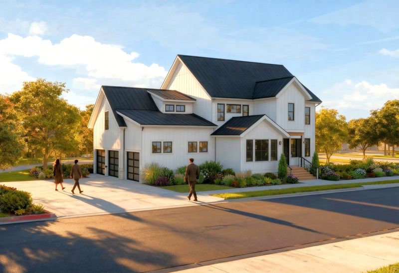 Exterior rendering of a modern farmhouse home plan with white vertical siding, black metal roof, and expansive windows.