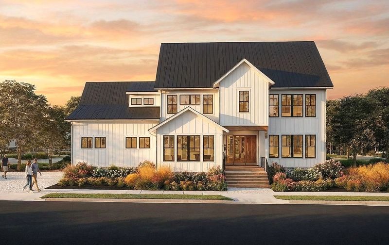 Exterior rendering of a modern farmhouse home plan with white vertical siding, black metal roof, and expansive windows.