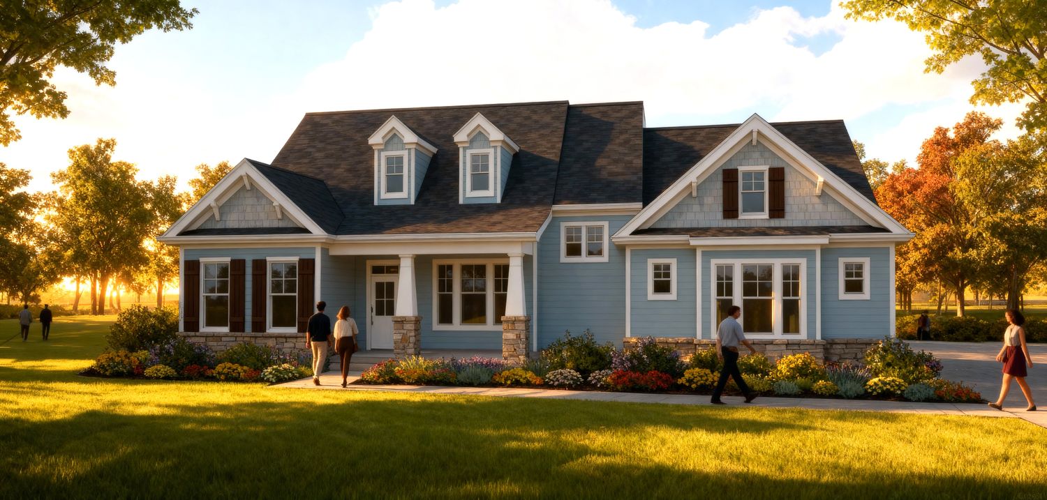 Exterior rendering of a cottage-style compact home plan with shingle accents, metal porch roof, and attached garage.