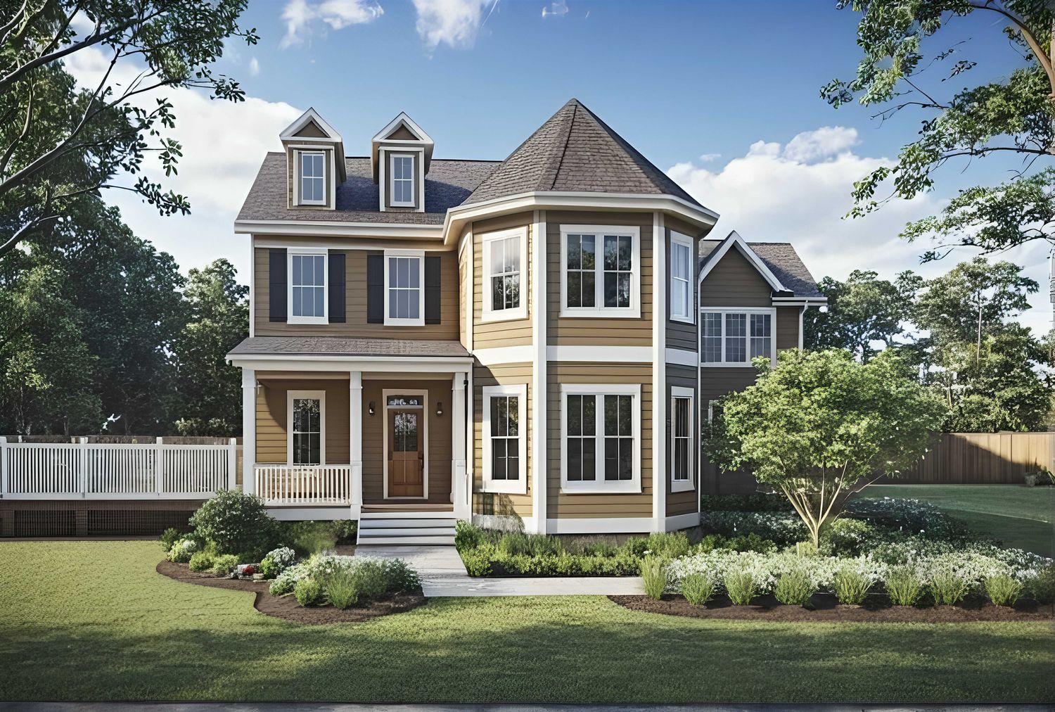 Image of a victorian cottage home with an angled bay and dormers