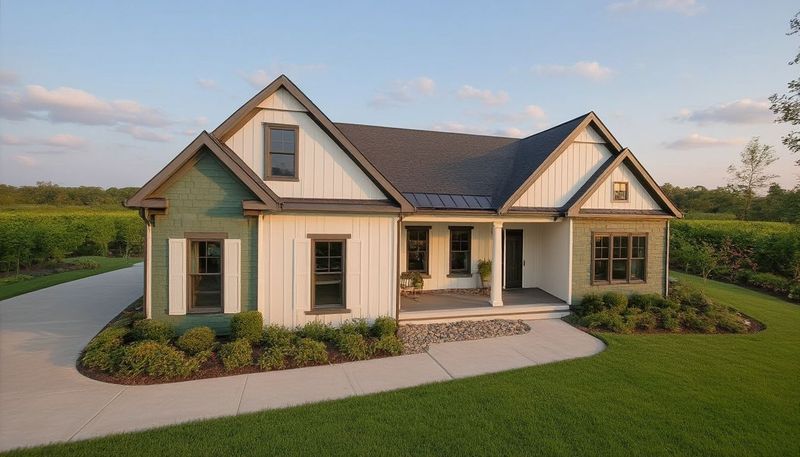 Front view of a modern single story farmhouse with white siding, metal roof, porch, and curved walkway stones.