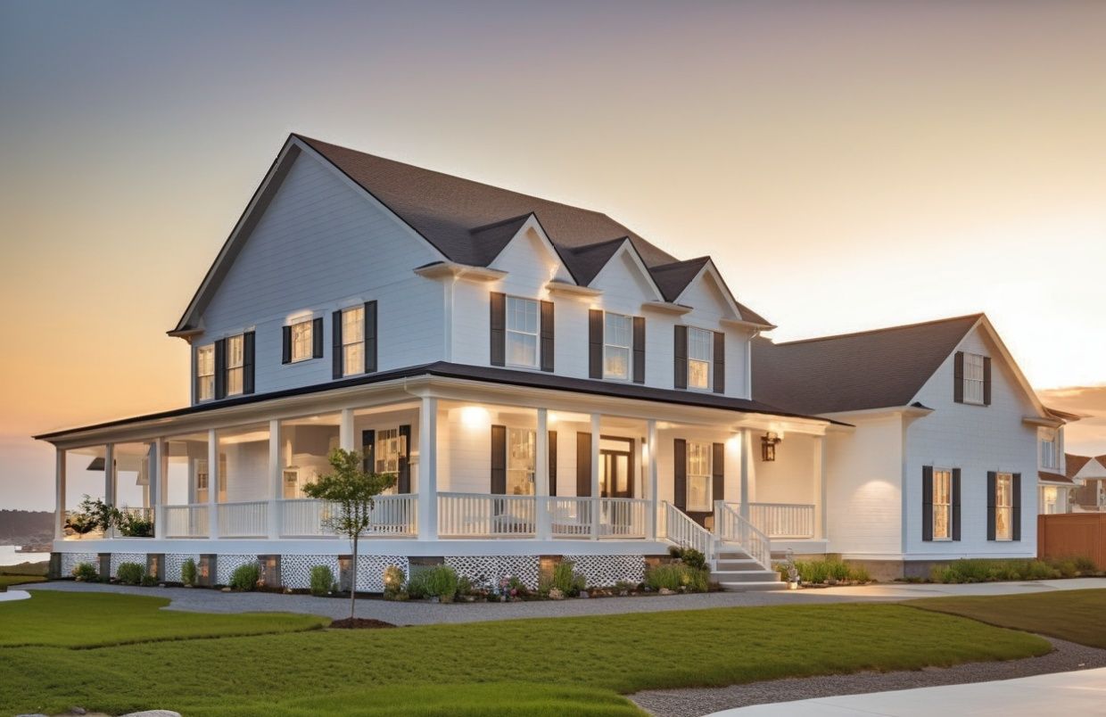 Exterior Photo of a two-story coastal home plan with expansive wraparound porch, symmetrical rooflines, and white siding.