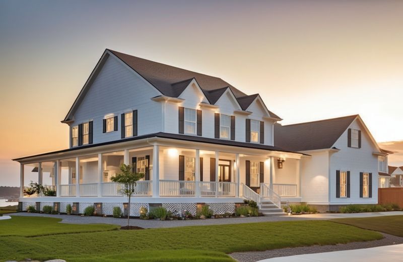 Exterior Photo of a two-story coastal home plan with expansive wraparound porch, symmetrical rooflines, and white siding.