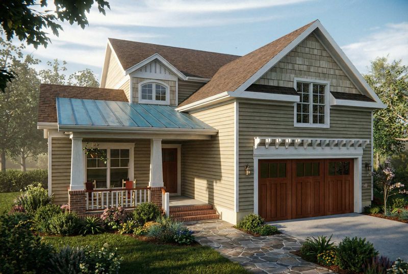 Exterior rendering of a two-story coastal-inspired home plan with mixed siding materials, front porch columns.
