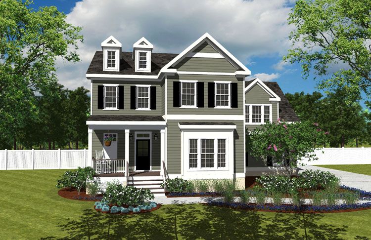 Image of the front of a farmhouse cottage home with box bay and dormers