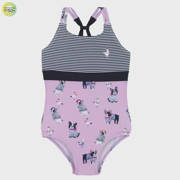 Maillot 1 pièce à bretelle lilas avec chien
