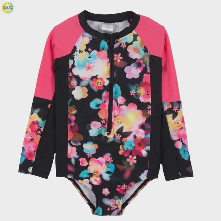 Maillot 1 pièce manche longue  fleuri noir