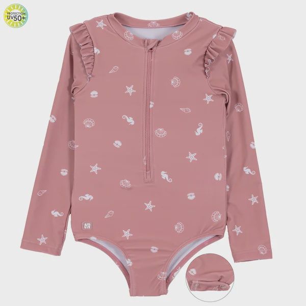 Maillot 1 pièce manche longue rose avec coquillages