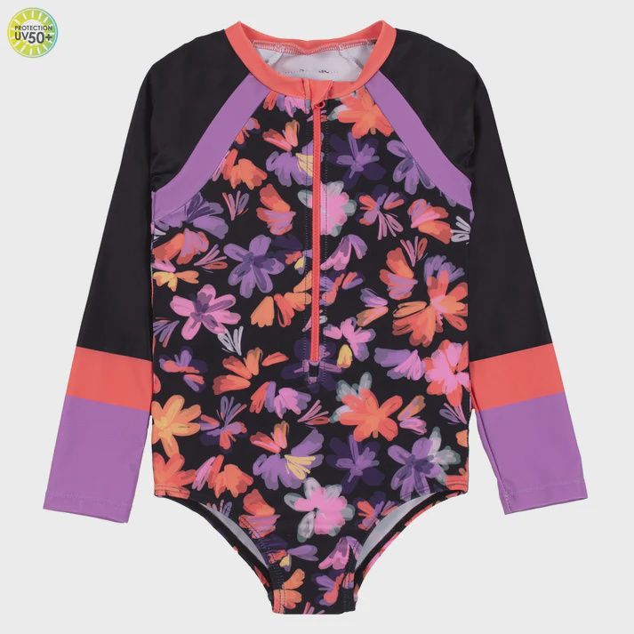 Maillot 1 pièce manche longue fleuri noir