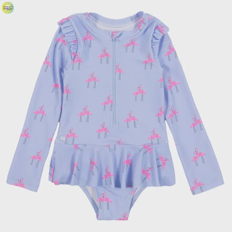 Maillot 1 pièce manche longue bleu avec flamand rose