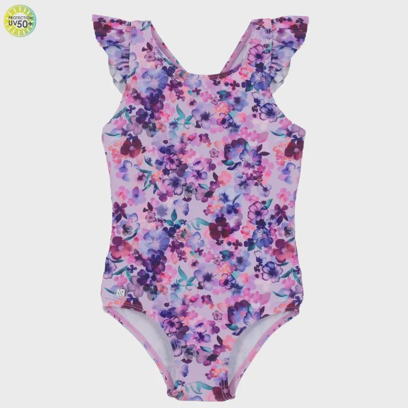 Maillot 1 pièce avec bretelle à volant fleuri lilas