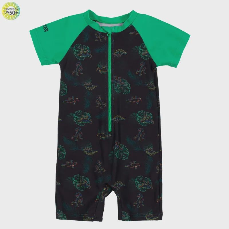 Maillot 1 pièce dinosaures noire manche courte