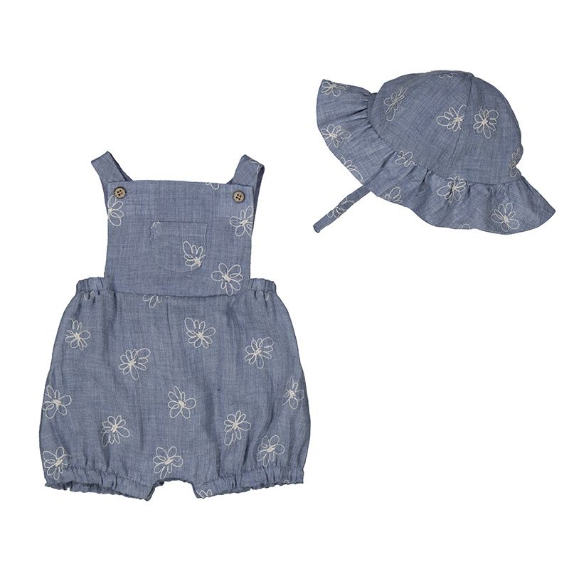 Salopette en jeans avec fleurs brodé et chapeau 1665