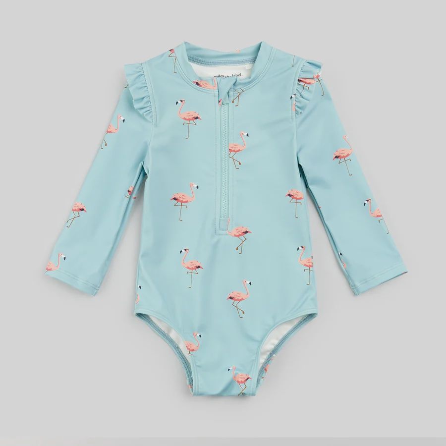 Maillot manche longue bleu avec flamand rose