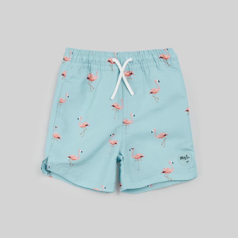 Maillot short bleu avec flamand rose