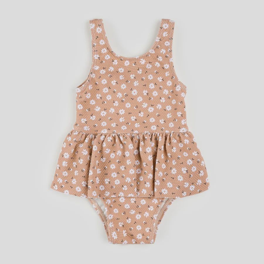 Maillot 1pce gaufré avec jupette rose et fleurs