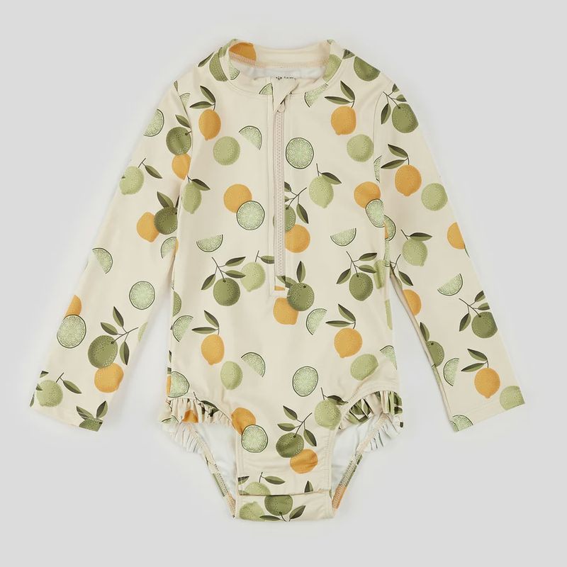Maillot 1pce manche longue bébé fille beige avec citrons jaunes et verts
