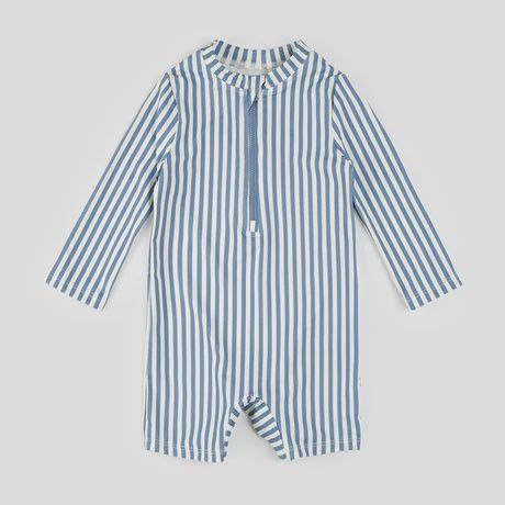 Maillot 1 pce manche longue bébé rayé blanc et bleu